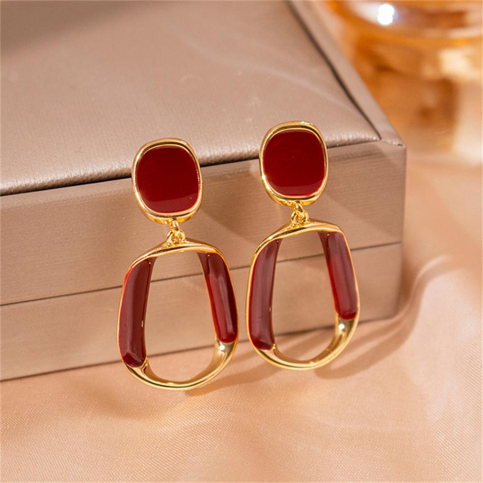 Ancona Red Big Hollow Square Enamel Geometry Drop Earrings Exaggerated Wedding Party Jewelry Accessories Christmas Gift