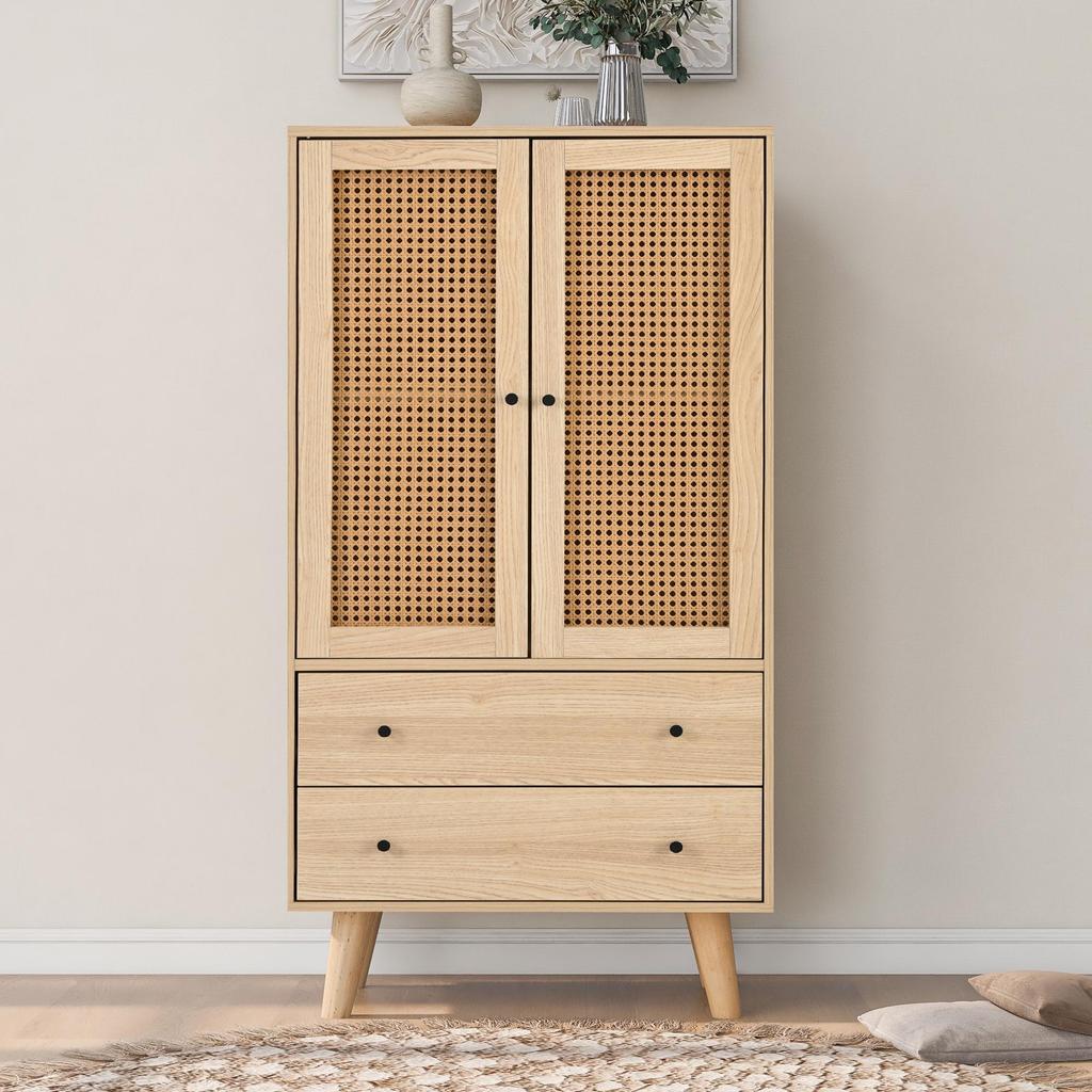 Flieks Chest of Drawers with 2 Large Drawers and 2 Doors, Bathroom Cabinet Made of Wood with Rattan Doors, 60 X 40 X 120 Cm