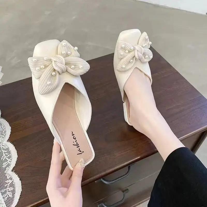 Fashion Low Heel Indoor Leather Women's Slippers and Ladies Sandals Outside Shoes Soft Job Slides Pearl Mules Natural Skin Footwear Pvc