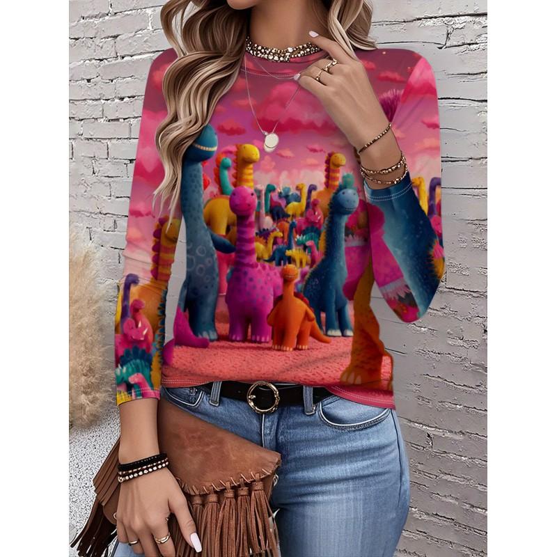 Womens Round Neck 3D Dinosaur Print Tee - Casual Fit 7/8 Sleeve 2025