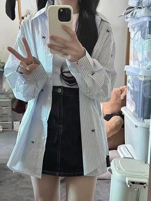 Women's Blue Striped Bow Print Long Sleeve Shirt - Korean Style, Sun Protection, Versatile, Loose Fit, Perfect for Spring & Summer