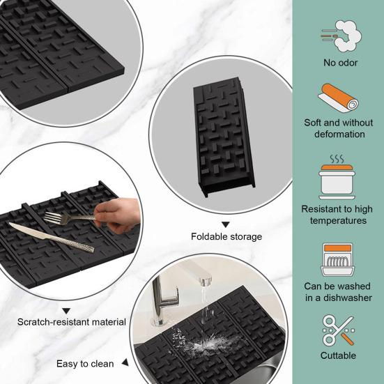 Drain Mat Checkered Four-Fold Silicone Draining Mat with Slope Anti-Slip Dishwasher Safe Quick Water Drainage Kitchen Drying Mat