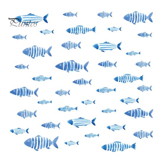 DIY Seabed Wall Murals Watercolor Blue Fish Decals, Striped Ocean Sea Life Stickers, Removable Self-Adhesive Layered School of Decor Coastal