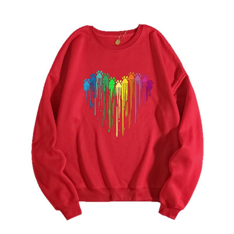 European and American Women's Colorful Heart Shape Loose Hoodie - Plus Velvet, Round Neck, Long Sleeve.