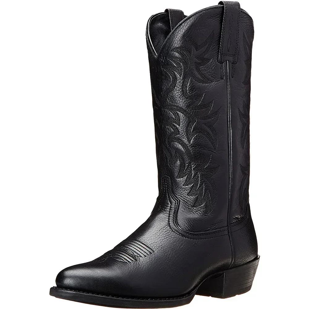 Handmade Men Cowboy Boots Embroidery Western Boots Pointed-toe Mid-calf Male Boots New Slip on Men Riding Boots