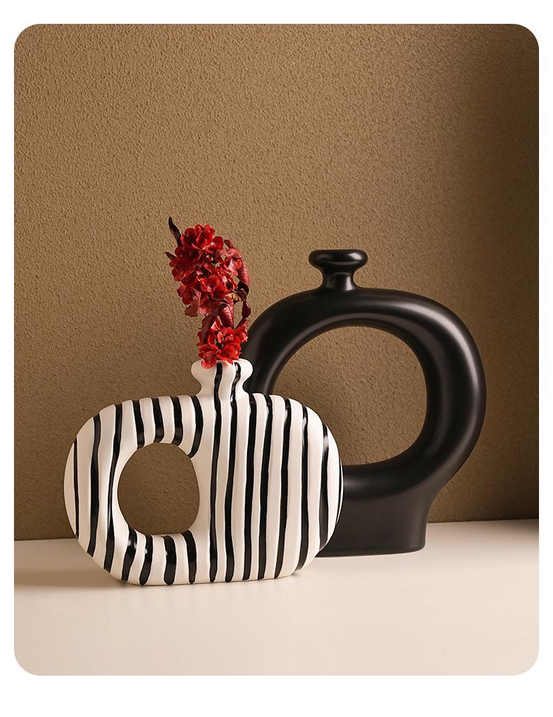 Elegant Wabi-Sabi Ceramic Vase with Black and White Stripes - Perfect for Living Room Decoration and Floral Arrangements