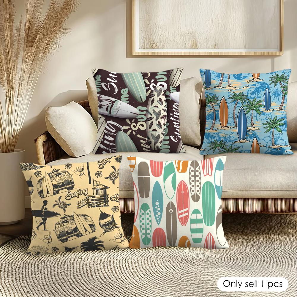 Surfing Pattern Cushion Cover Soft Short Plush Pillow Cover Smooth Cozy Texture Aesthetic Cushion Case Home Decor