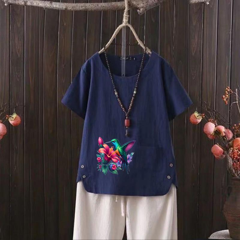 

Футболка женская из хлопка и конопли с V-образным вырезом и принтом птиц 2025 года — идеальный вариант для повседневного стиля 4XL темно-синий