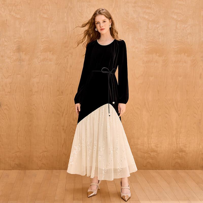 Elegant Velvet Contrast Patchwork Long Sleeve Dress