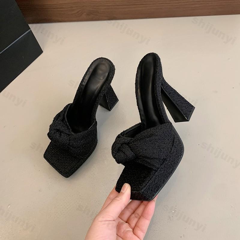 

Модный водонепроницаемый дизайн, шлепанцы на высоком каблуке, лето 2025, новинка, женские сандалии с квадратным носком, открытым носком, бантами, модные элегантные для улицы, для вечеринки 34 чёрный