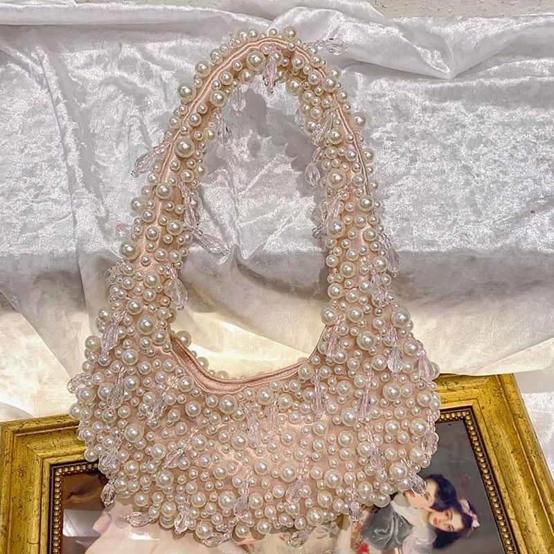 

High Quality Pearl Beaded Handmade Women Handbag Fashion Evening Bag Wedding Party Clutch Purse Beads Beading Woven Shoulder Bag светло-розовый