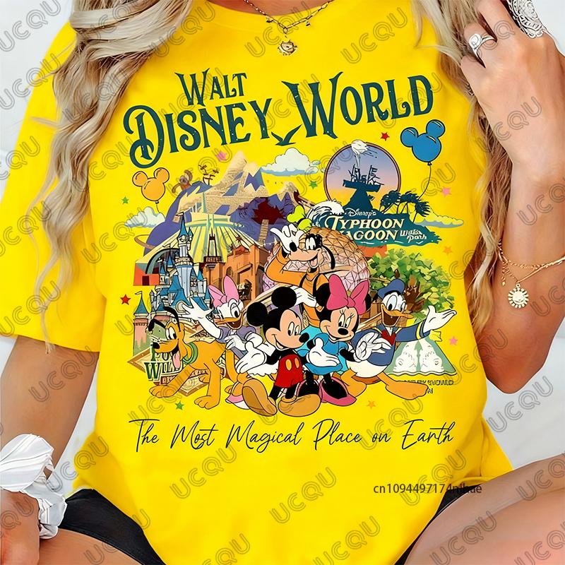 The Disney Mickey Family Graphics Print Tshirt For Women Summer New Short Sleeve Cotton Tees Casual Streetwear Couple Tops