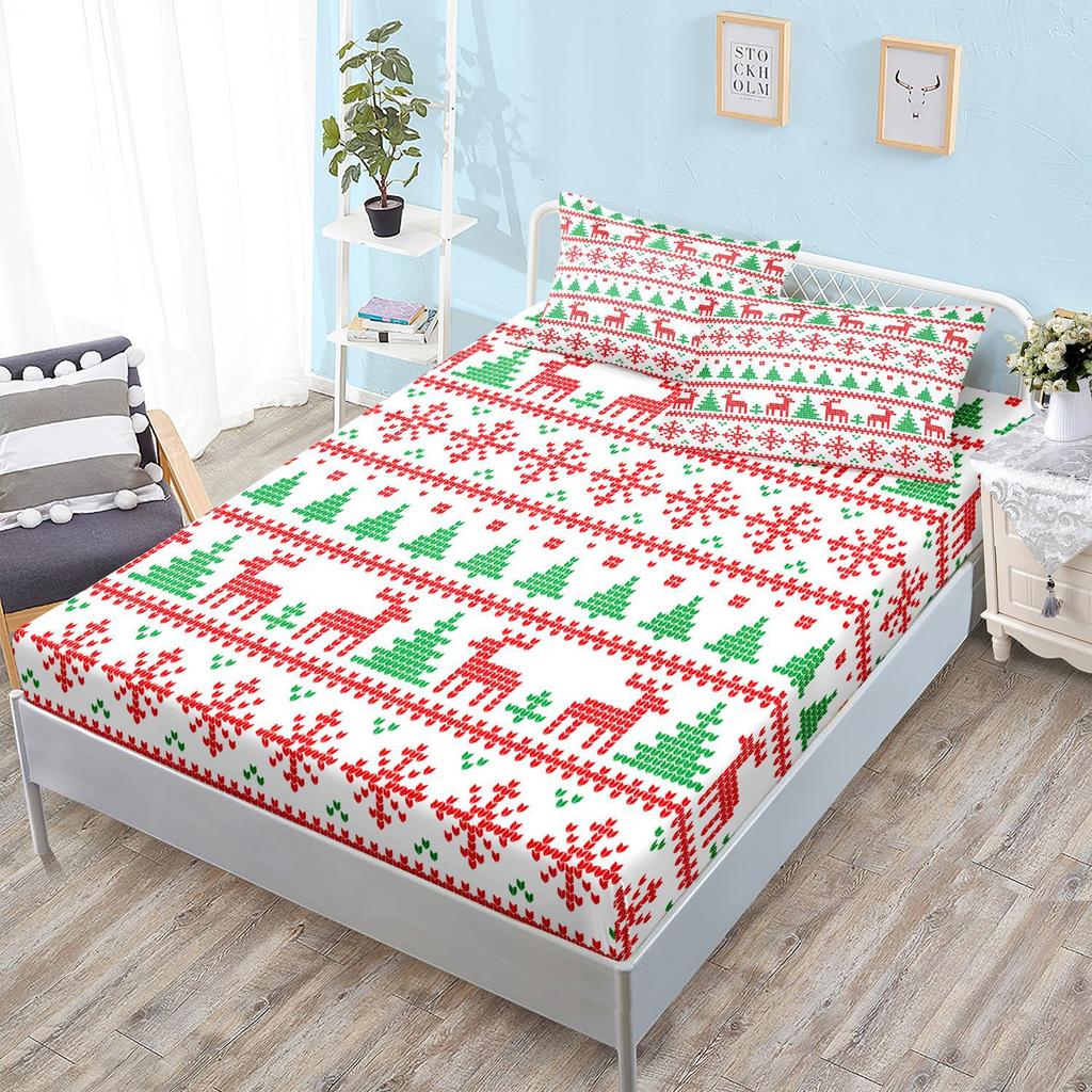 Sheet Three-Piece Bedspread Pillowcase Christmas Mattress Protective Cover