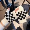Female Knitted Winter Student Writing Cycling Warmth 2025 New Couple Black and White Checkered Half Finger Gloves