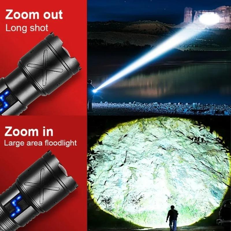 Powerful LED Flashlight Long Range Zoomable Aluminum Alloy Hand Lamp USB Rechargeable Outdoor Work Light for Outdoor Camping