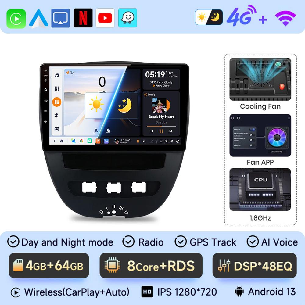 JIUYIN  Car Radio For Peugeot 107 Toyota Aygo Citroen C1 2005 - 2014 Android 13 wireless CarPlay Android Auto No 2 din  DVD