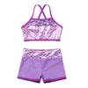 Kids Girls Swimming Dance Athletic Outfit Shoulder Straps Sequins Crop Top+Shorts Gymnastics Clothes