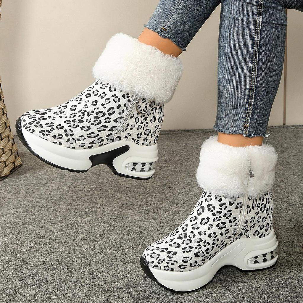 Winter Damen Warme Sneaker Plateau Schneestiefel Damen Leopard Knöchelhohe Stiefel Weibliche Plüsch Freizeit Schuhe Seitenreißverschluss Kurze Stiefel