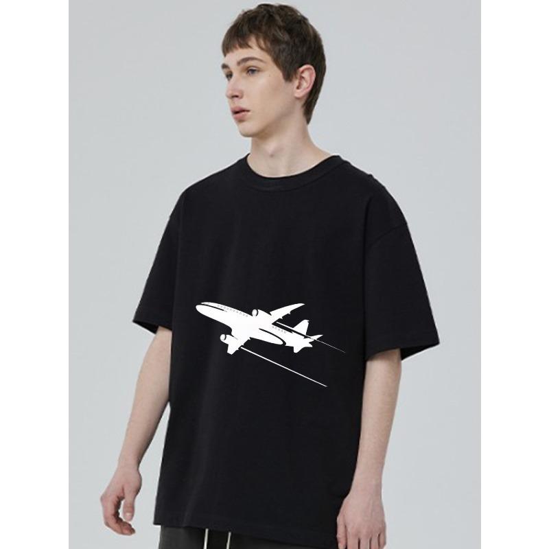 Black Oversized T-Shirt with White Airplane Print for Casual Wear