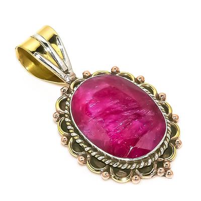 Red Ruby(Simulated) Handmade 925 Sterling Silver Two Tone Pendant 1.50" N4r28