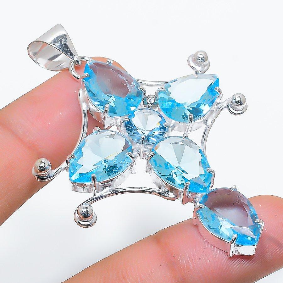 

Подвеска ручной работы в этническом стиле с крестом, швейцарским синим топазом, драгоценным камнем, 2,44 дюйма, SR-7367