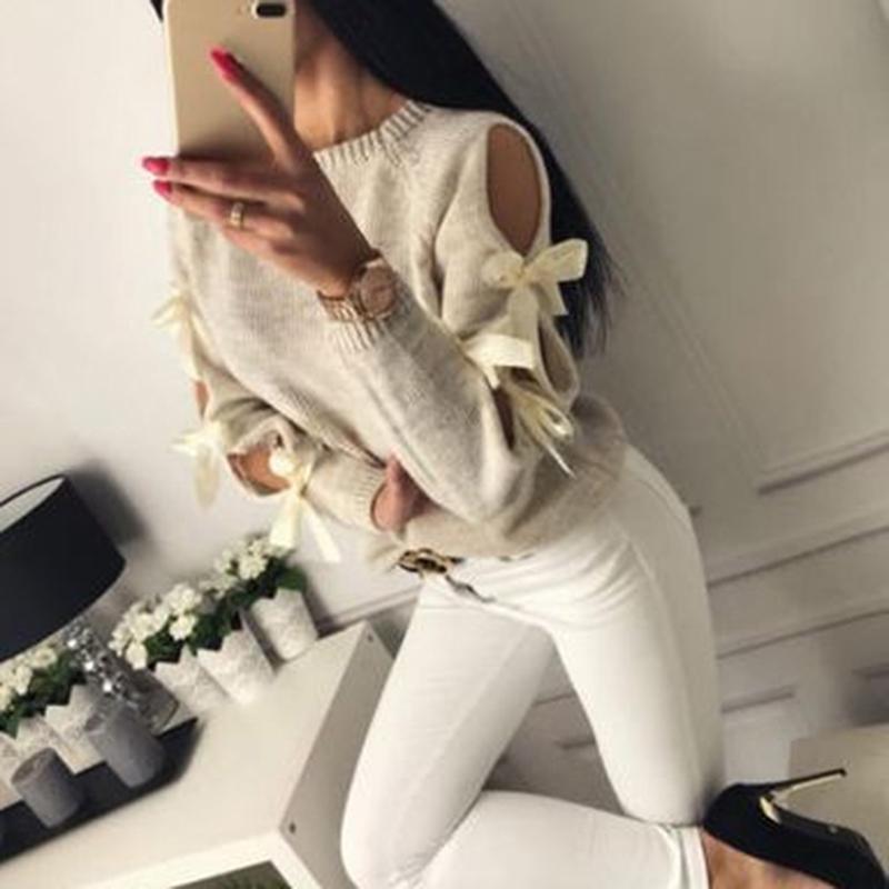 Women Bow Hollow Out Long Sleeve Warm Sweater Pullover Knitting Loose O-Neck Tops Blouse Knitwear