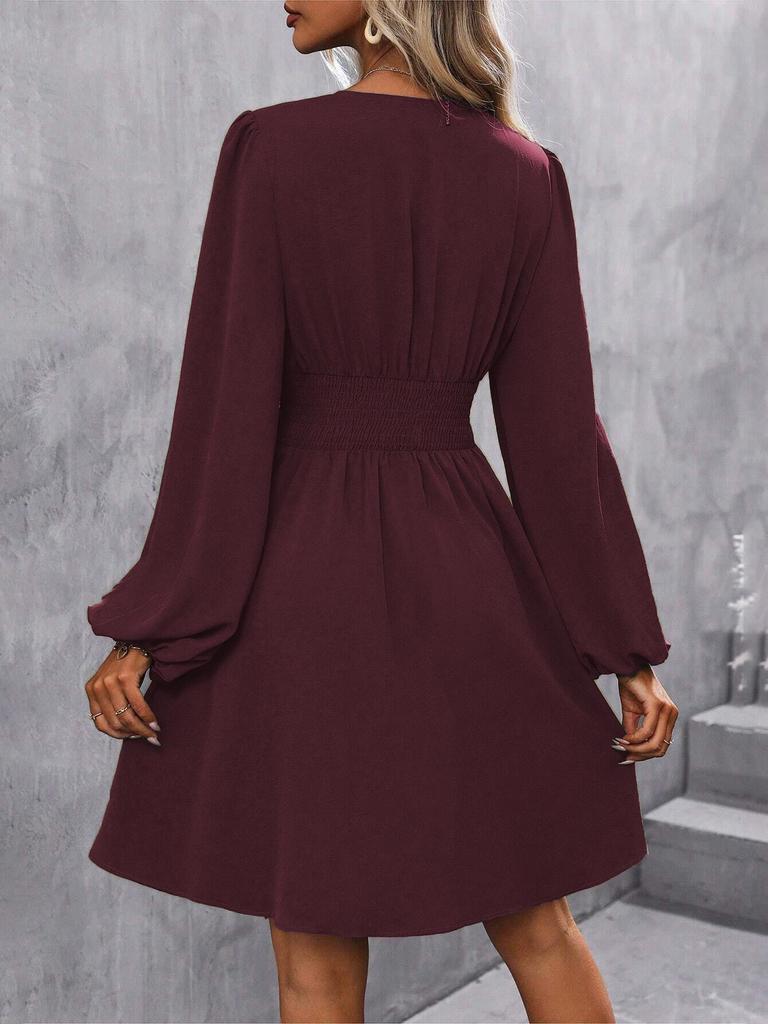 Asymmetric Neck Lantern Sleeve Ruffle Waist Dress