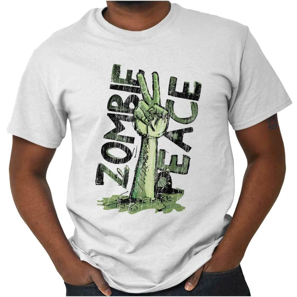 Funny Undead Joke Zombie Peace Sign Humor Mens Casual Crewneck T Shirts Tees