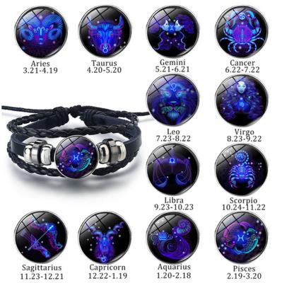 Jewelry Vintage Leather Rope Braid Set Time Gemstone Bracelet Zodiacs Signs Complete Set