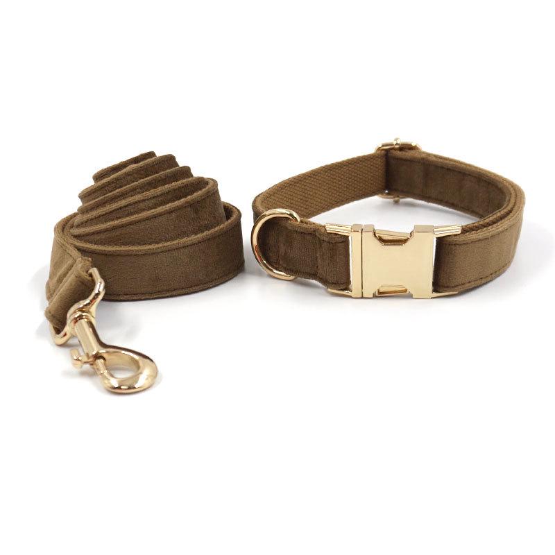 Mihala Boss Pet Collar Leash: Brown Velvet, Gold Buckle, One-piece Design Small