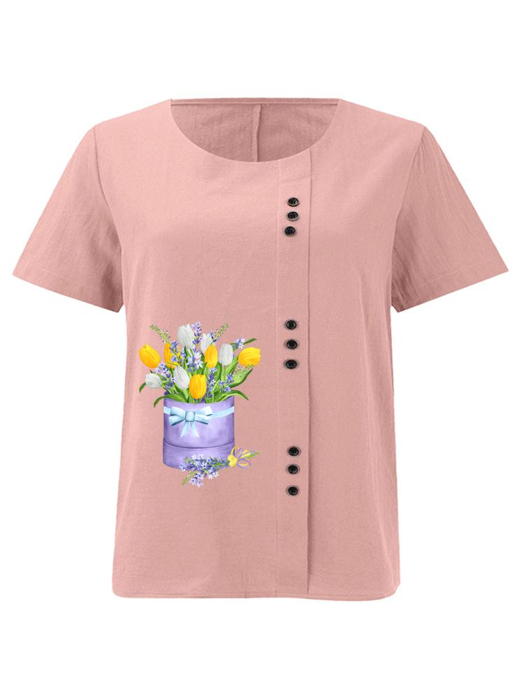 

Women s Fashion Multi Colored Flowers Print Shot Sleeve T-shirt Loose Cotton Shirt Casual Loose Summer Blouse Tops Plus Size S розовый