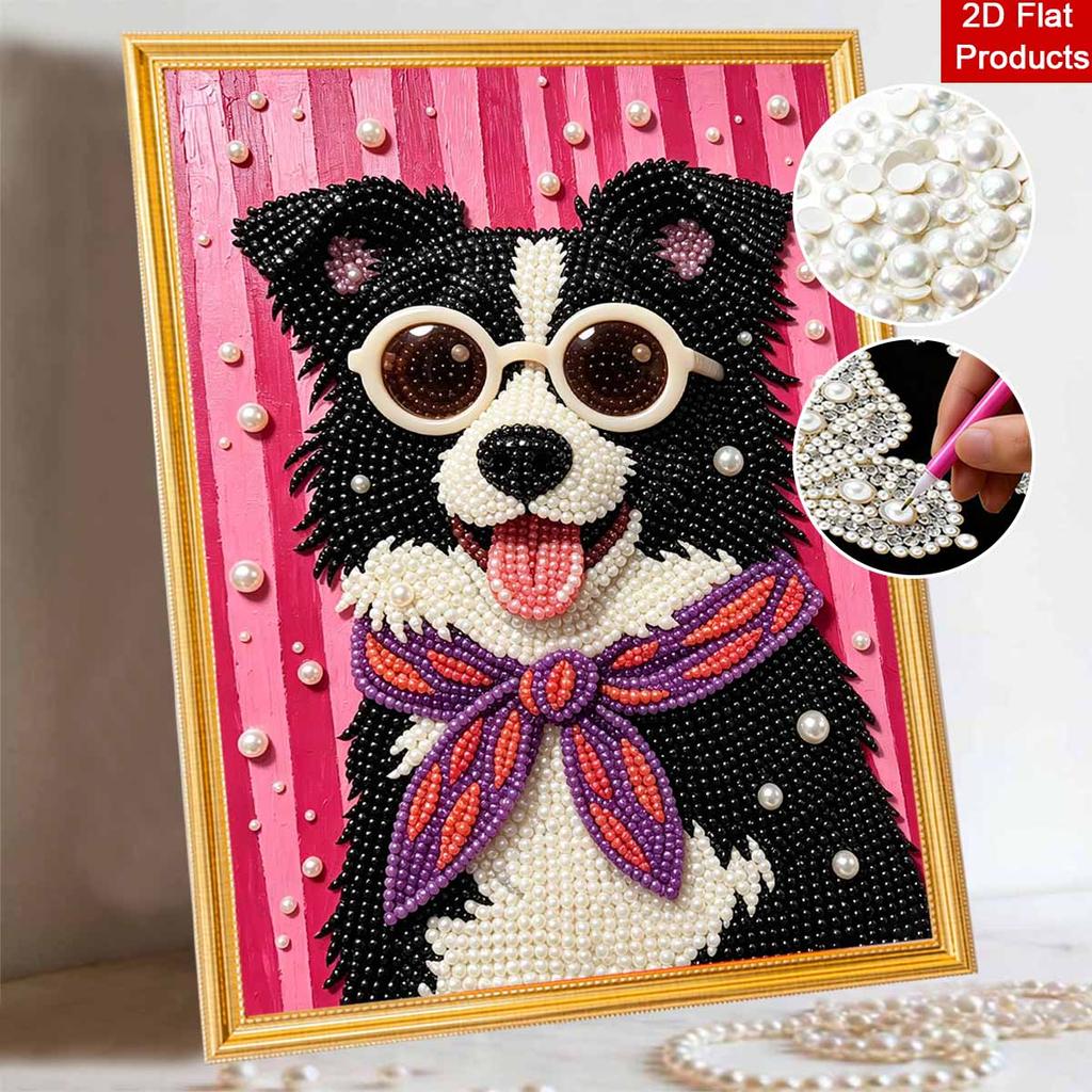Creative DIY Framed Pearl Art Kit with Cool Dog Wearing Sunglasses Pattern Sparkling Bead Canvas Ready to Display Relaxing Gift for Adults