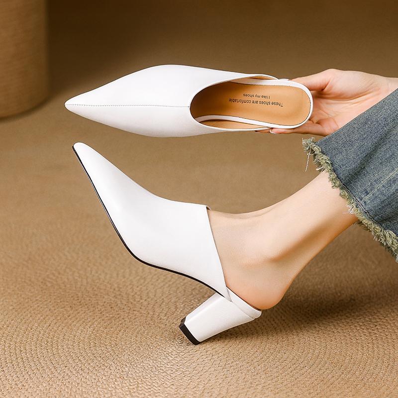 Módní letní dámské sandály Boty z pravé kůže pro ženy Špičatá špička Vysoký podpatek Dámské pantofle Krytá špička Robustní podpatek Dámské nazouváky