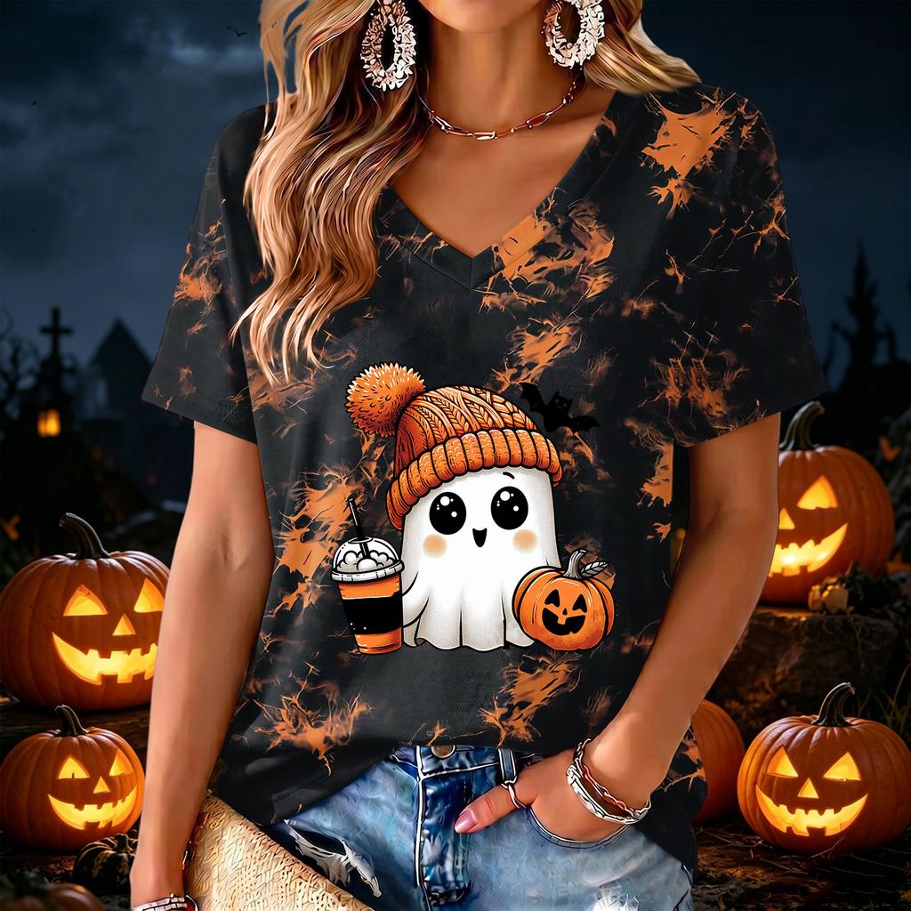Women's V Neck Halloween Print Lightweight Summer Top