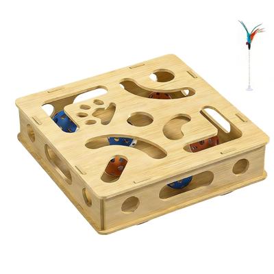 Stable Interactively Wooden Cats Scratching Toy Puzzle Mazes and Bells Ball for Engaging Playing and Natural Claws Care