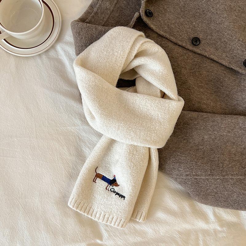 New Autumn and Winter Knitted Wool Scarf for Women Korean Version Versatile Embroidered Dachshund Woolen Neck Scarf Thickened Warm Scarf