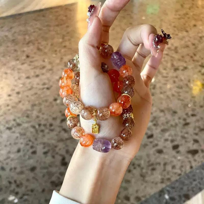 Red Resin Flower Design Crystal Bracelet, Fortune-Bringing Pixiu Silver Obsidian Black Gold Super Seven Bracelet for Women, Natural and Authentic