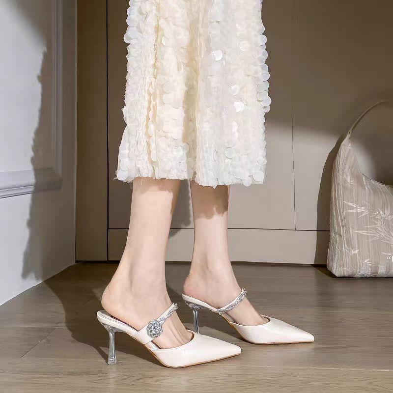 2025 Summer New Soft Leather Pointed Rhinestones with Cool Slippers Outside French High-end Stiletto High Heels