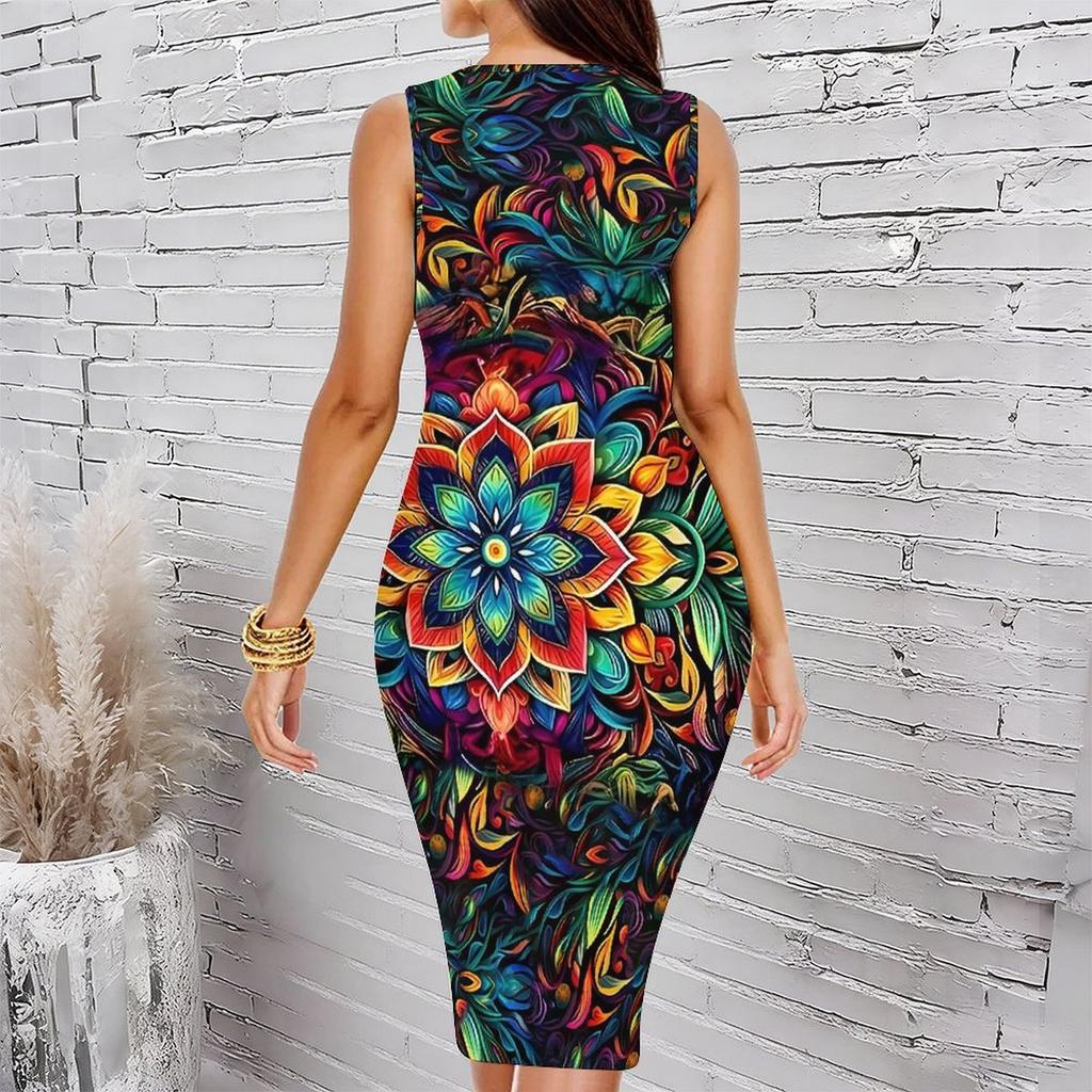 Women Plus Size Crew Neck Sleeveless Midi Dress Cyan Background Sunflower Allover Print Bodycon Dress
