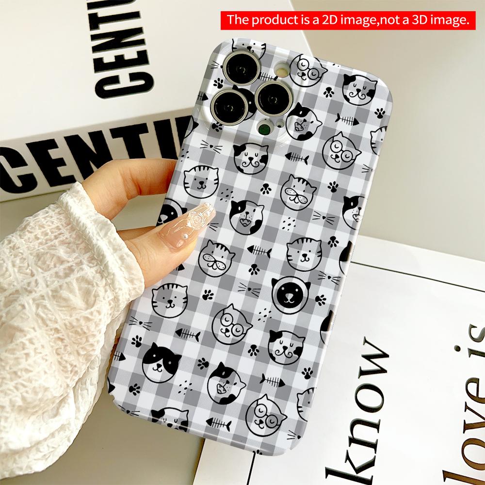 Whimsical Cat Faces On Gingham Background Phone Case All Inclusive Film Hard Phone Case, Compatible with iPhone 18 Pro Max 17 16 15 14 13 12 11