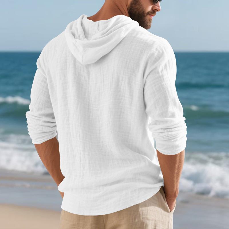 Men's Autumn Sports Casual Long-Sleeved Shirt Cotton-Linen Blend Hooded Pullover Sweatshirt Versatile Loose-Fit Beach T-Shirt