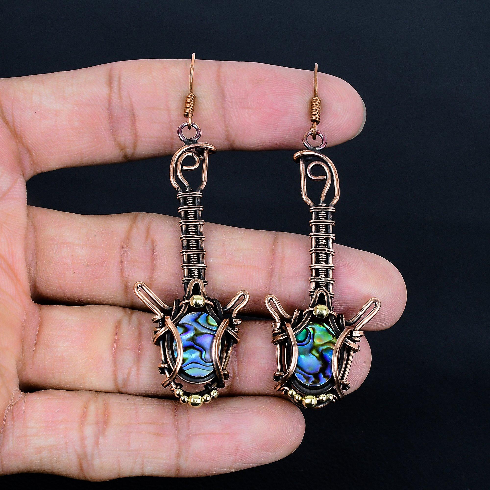 

Серьги из раковины абалона, обернутые медной проволокой 999 пробы, Ювелирные изделия с драгоценными камнями ручной работы, Подарки для жены, Совершенно новые серьги 2.55 Inches