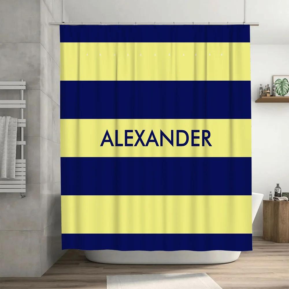 Personalized Name Shower Curtain Striped Blue Yellow Custom Kids Bath Decor