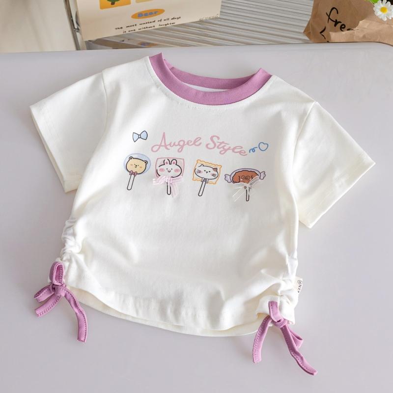 

Kids Summer Casual Versatile Short-sleeve T-shirt Bow Cartoon Drawstring Top Girl Children Crew Neck Short-sleeve T-Shirt 130 рожевий