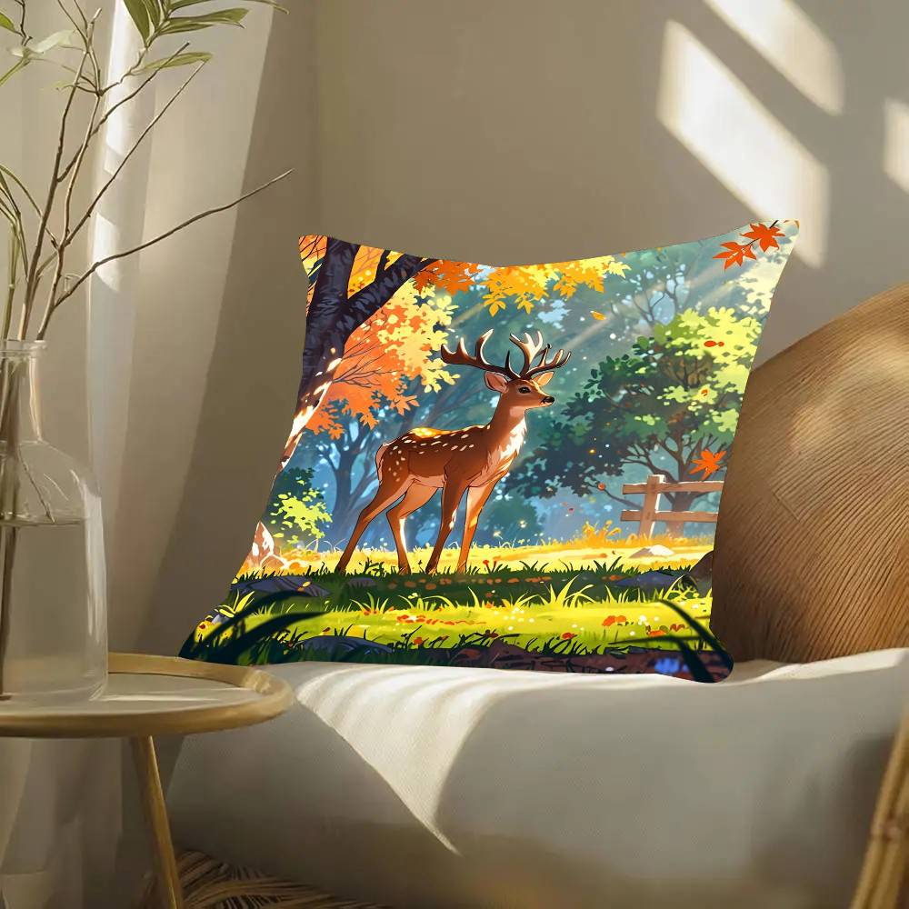 Deer Forest Animals Pillow Case Fashion Square Pillowcase Bedroom Sofa Room Ins Decoration Leisure