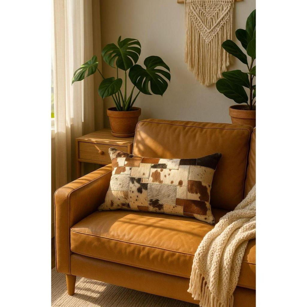 (Pack of 2) Rustic Cowhide Patchwork Lumbar Pillow: Handmade Leather Cushion Cover Gift For Her Him Birthday Anniversary