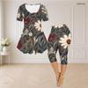 Women Plus Size Round Neck Short Sleeve Blue Floral Printed Flared Top And Capri Pants Two Piece Pajama Set