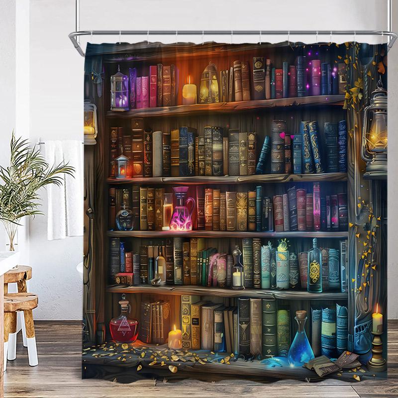 Vintage Bookshelf Shower Curtain Retro Book Green Plant Leaves Modern Fabric Home Wall Hanging Bathroom Curtain Decor with Hooks