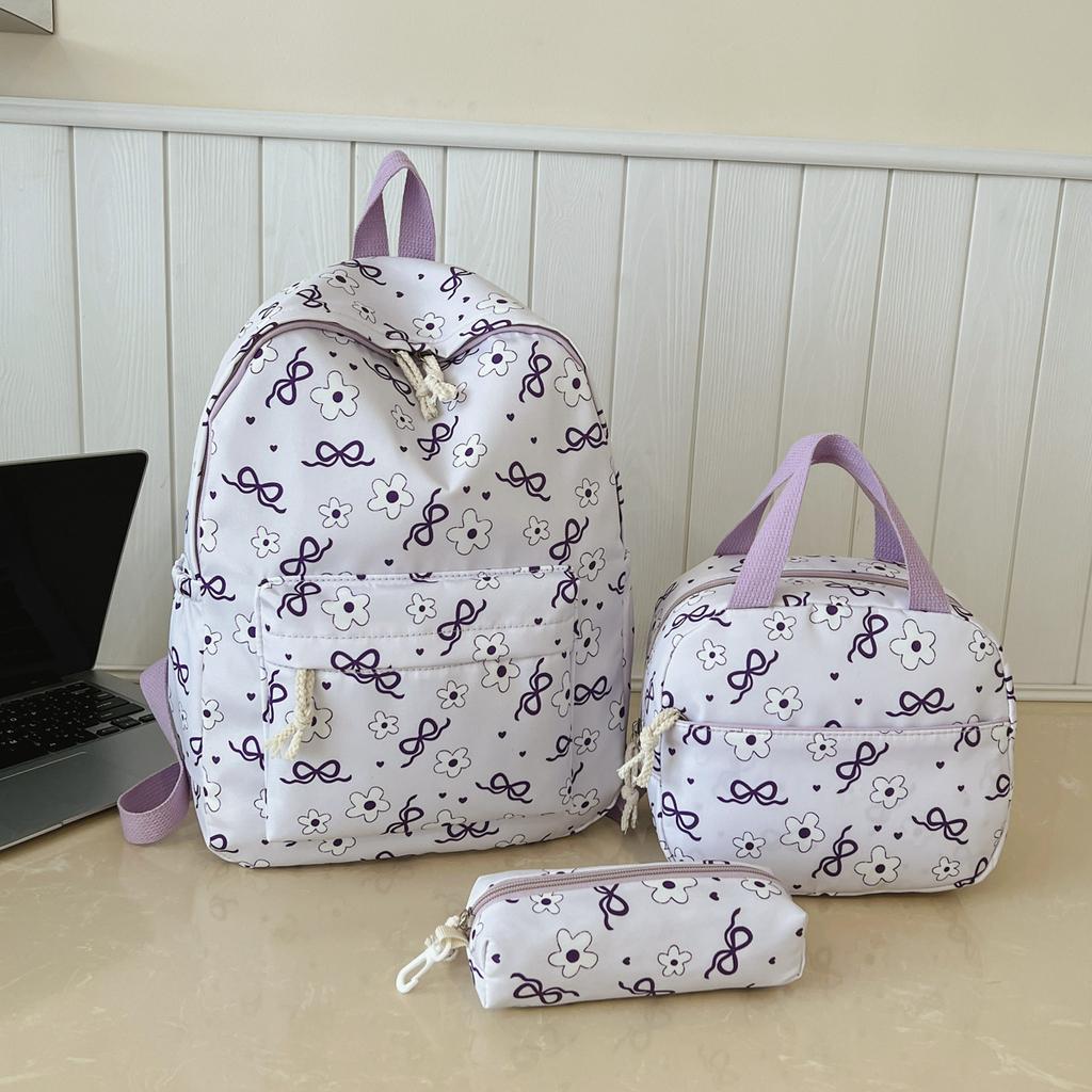 Sweet Simple Bow Tie Floral Three Piece Backpack Lightweight Large Capacity Multifunctional Student Backpack Campus Outdoor