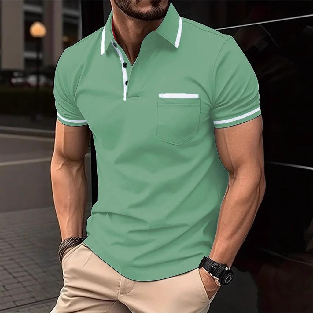 Men Clothes Summer Casual Short Sleeve Lapel Golf Polo Shirt Pocket Stitching Tops Polo Shirt